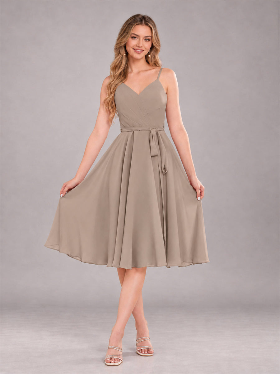 Taupe Simple Spaghetti Straps Knee Length Chiffon Short Bridesmaid Dress