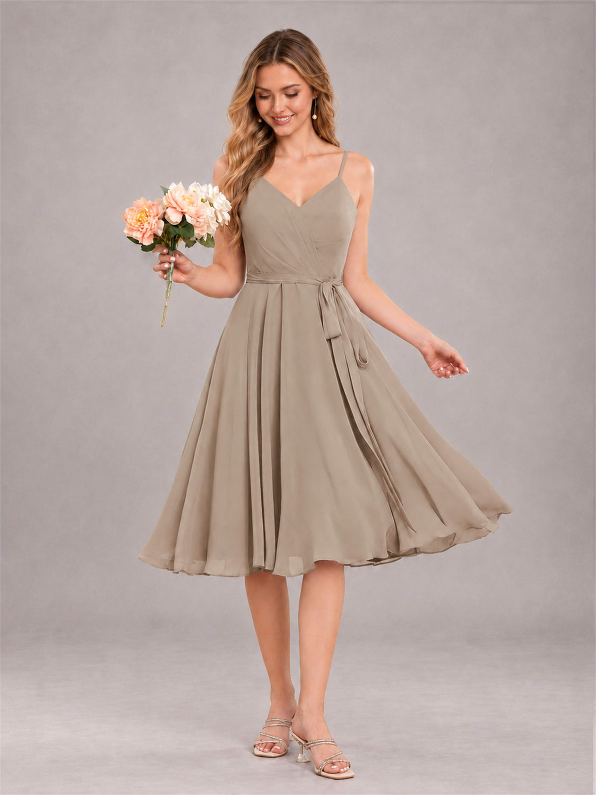 Taupe Simple Spaghetti Straps Knee Length Chiffon Short Bridesmaid Dress