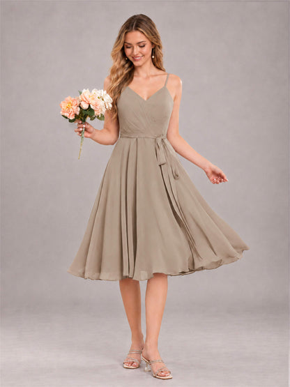 Taupe Simple Spaghetti Straps Knee Length Chiffon Short Bridesmaid Dress