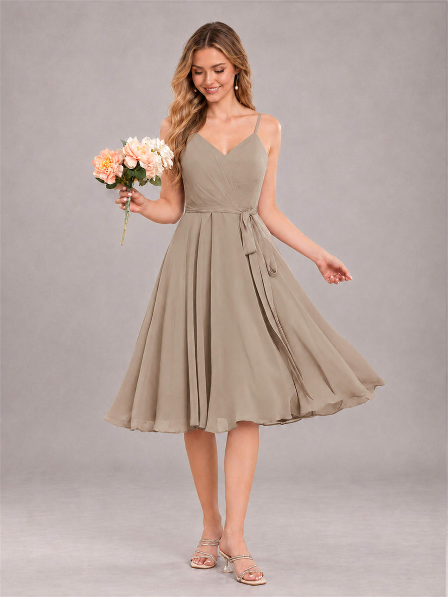 Taupe Simple Spaghetti Straps Knee Length Chiffon Short Bridesmaid Dress