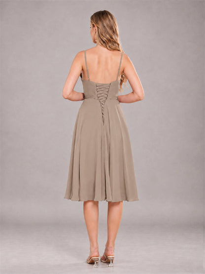 Taupe Simple Spaghetti Straps Knee Length Chiffon Short Bridesmaid Dress