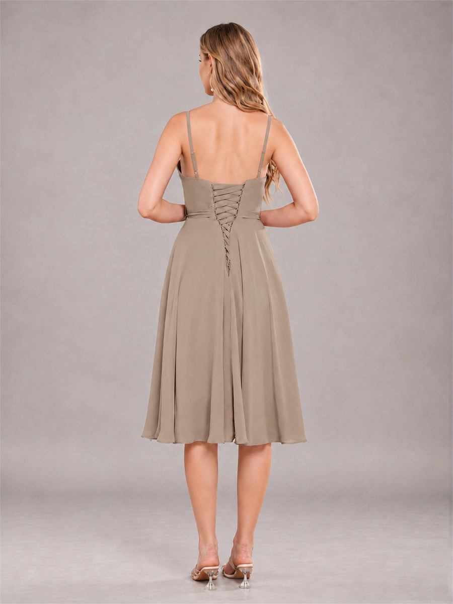 Taupe Simple Spaghetti Straps Knee Length Chiffon Short Bridesmaid Dress