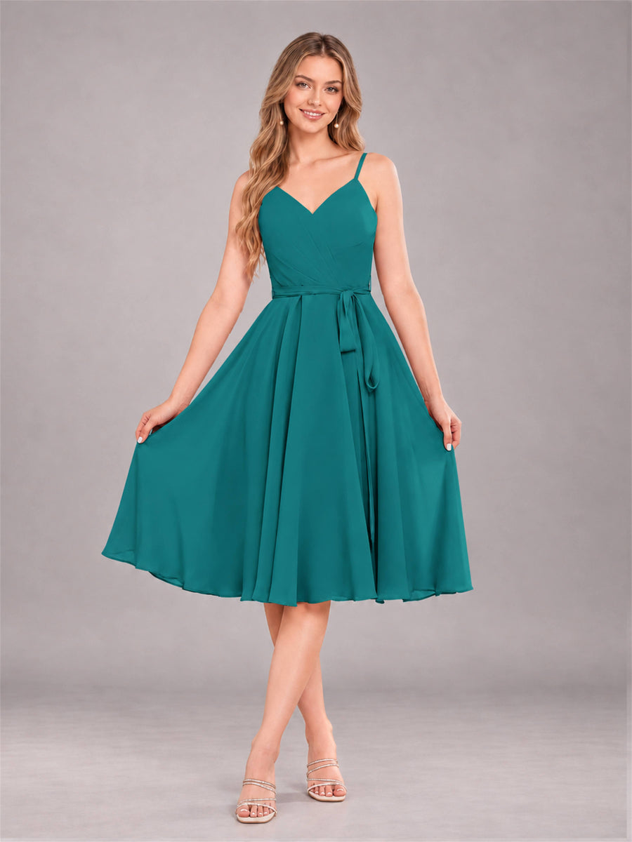 Teal Simple Spaghetti Straps Knee Length Chiffon Short Bridesmaid Dress