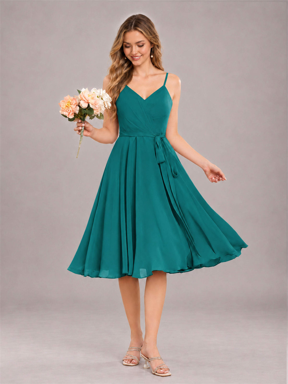 Teal Simple Spaghetti Straps Knee Length Chiffon Short Bridesmaid Dress