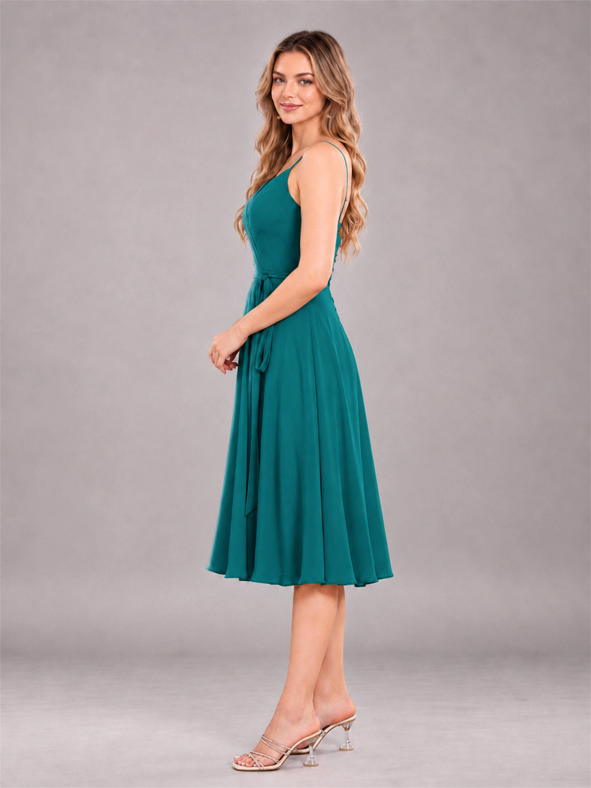 Teal Simple Spaghetti Straps Knee Length Chiffon Short Bridesmaid Dress