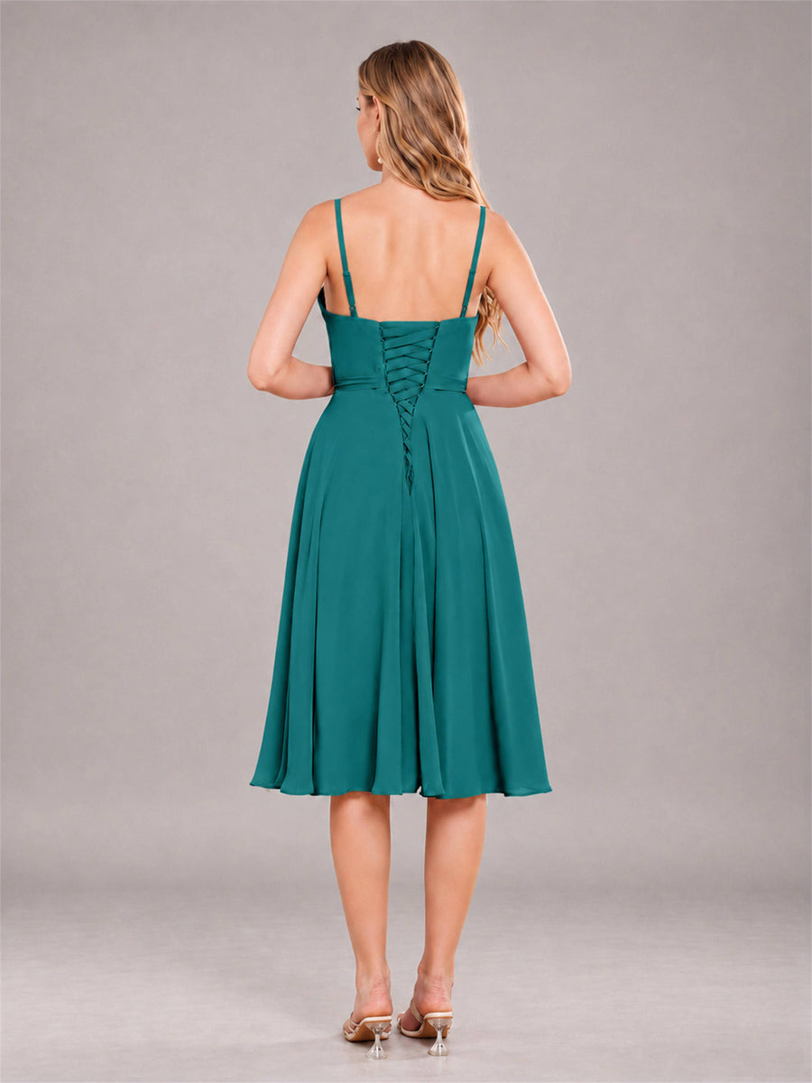 Teal Simple Spaghetti Straps Knee Length Chiffon Short Bridesmaid Dress