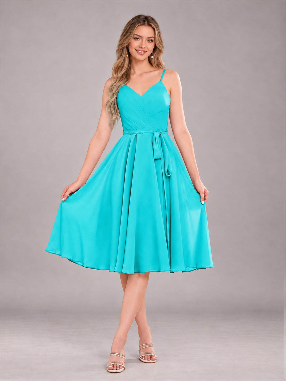 Turquoise Simple Spaghetti Straps Knee Length Chiffon Short Bridesmaid Dress