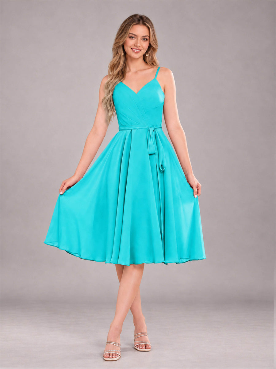 Turquoise Simple Spaghetti Straps Knee Length Chiffon Short Bridesmaid Dress