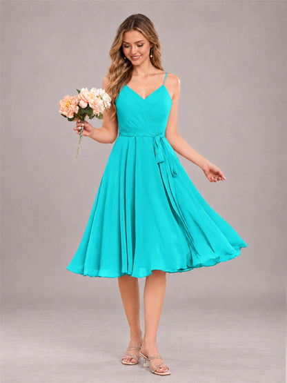 Turquoise Simple Spaghetti Straps Knee Length Chiffon Short Bridesmaid Dress