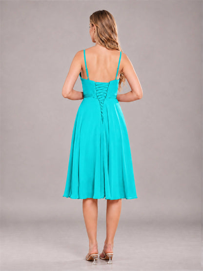 Turquoise Simple Spaghetti Straps Knee Length Chiffon Short Bridesmaid Dress