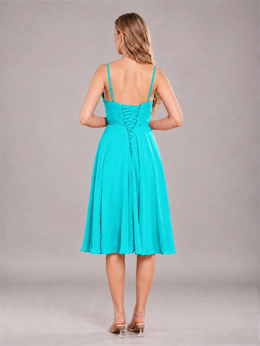 Turquoise Simple Spaghetti Straps Knee Length Chiffon Short Bridesmaid Dress