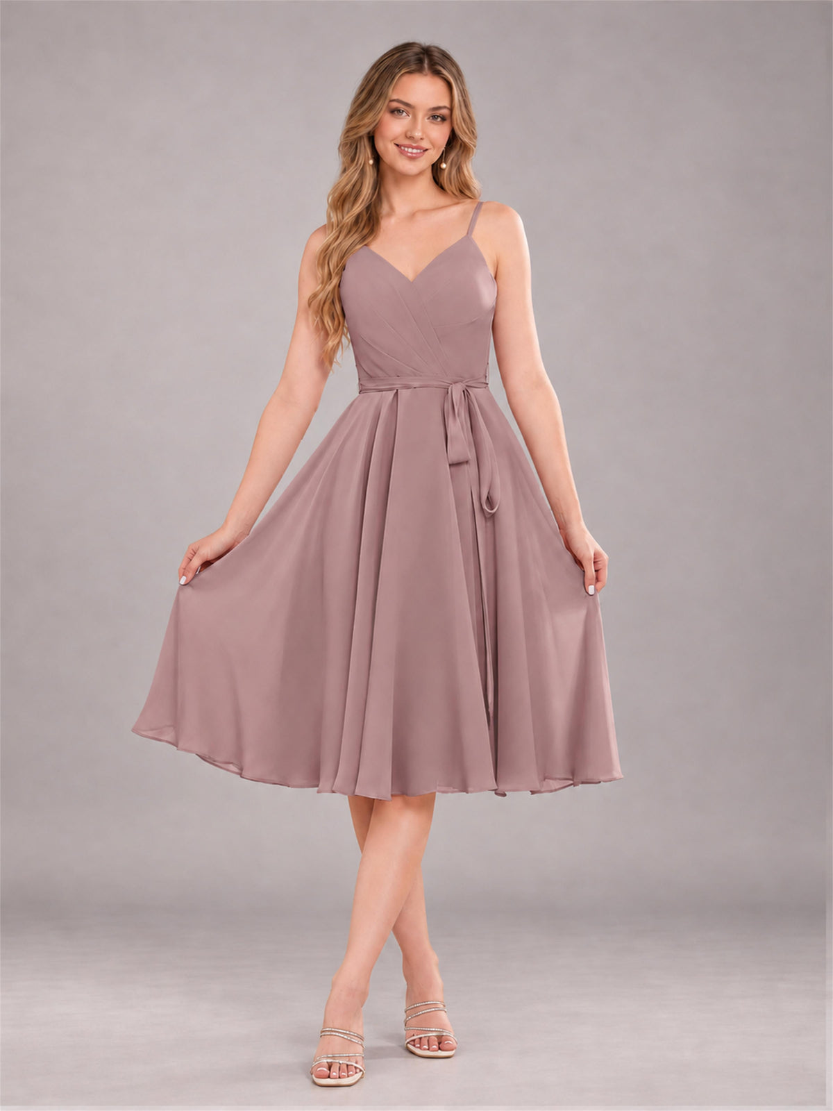 Vintage Mauve Simple Spaghetti Straps Knee Length Chiffon Short Bridesmaid Dress