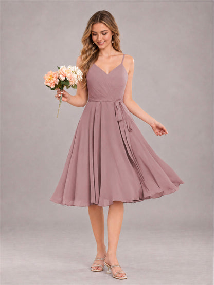 Vintage Mauve Simple Spaghetti Straps Knee Length Chiffon Short Bridesmaid Dress
