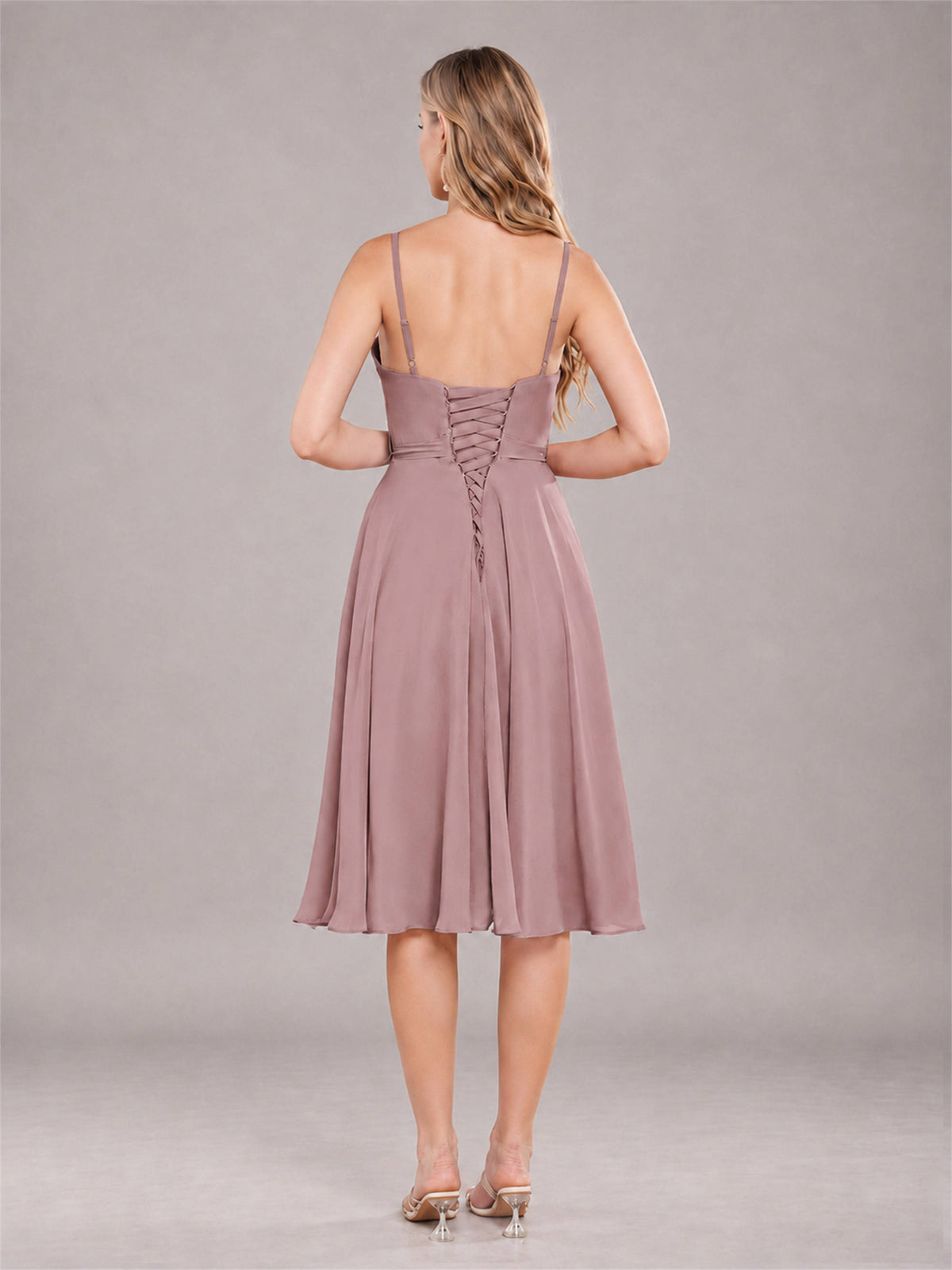 Vintage Mauve Simple Spaghetti Straps Knee Length Chiffon Short Bridesmaid Dress