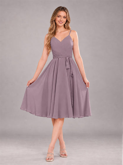 Wisteria Simple Spaghetti Straps Knee Length Chiffon Short Bridesmaid Dress