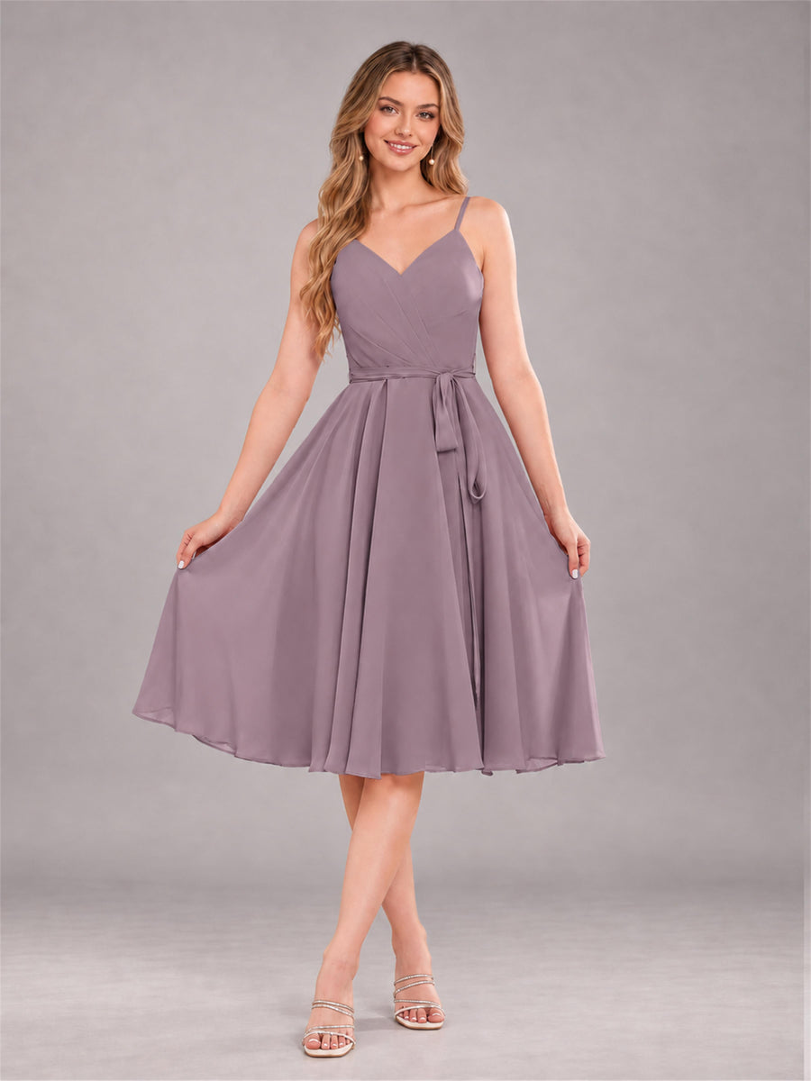 Wisteria Simple Spaghetti Straps Knee Length Chiffon Short Bridesmaid Dress