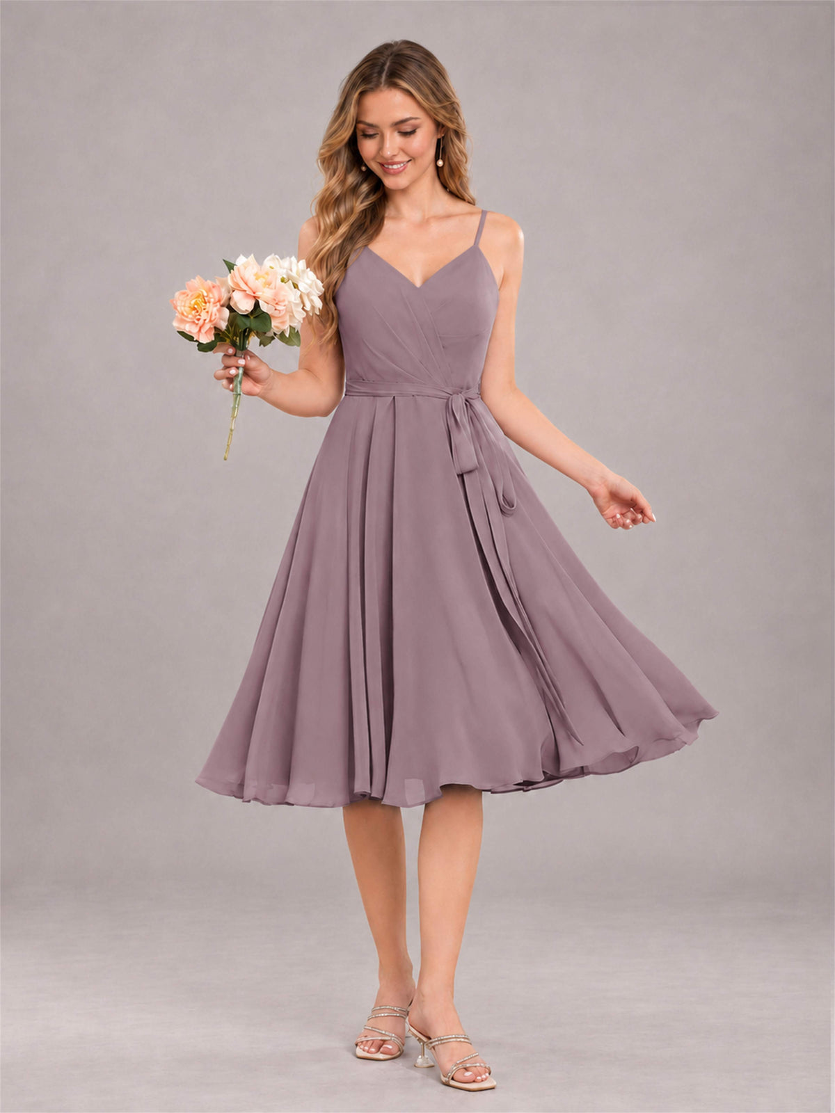 Wisteria Simple Spaghetti Straps Knee Length Chiffon Short Bridesmaid Dress