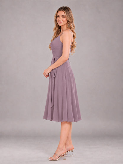 Wisteria Simple Spaghetti Straps Knee Length Chiffon Short Bridesmaid Dress