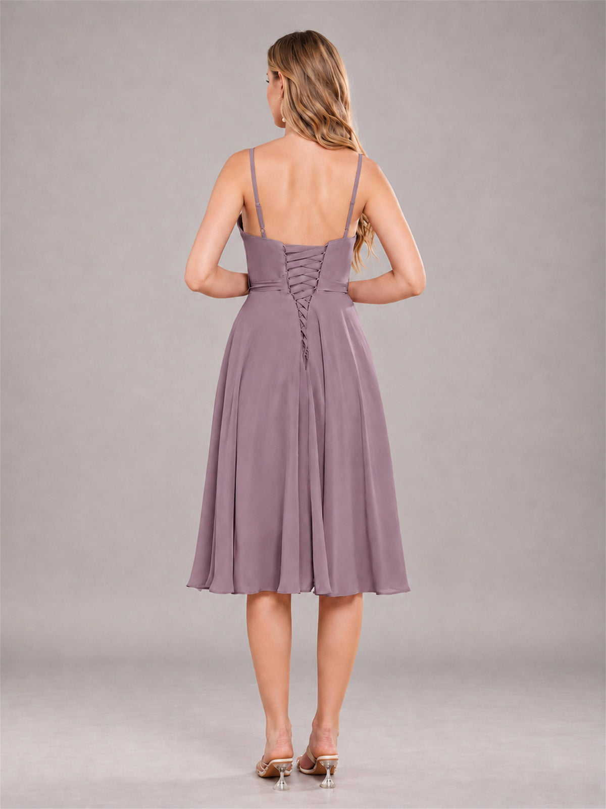 Wisteria Simple Spaghetti Straps Knee Length Chiffon Short Bridesmaid Dress