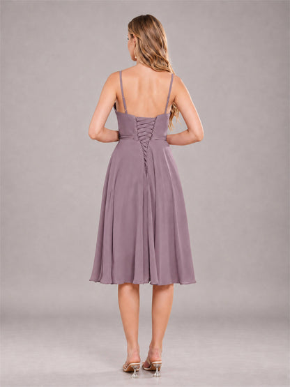 Wisteria Simple Spaghetti Straps Knee Length Chiffon Short Bridesmaid Dress
