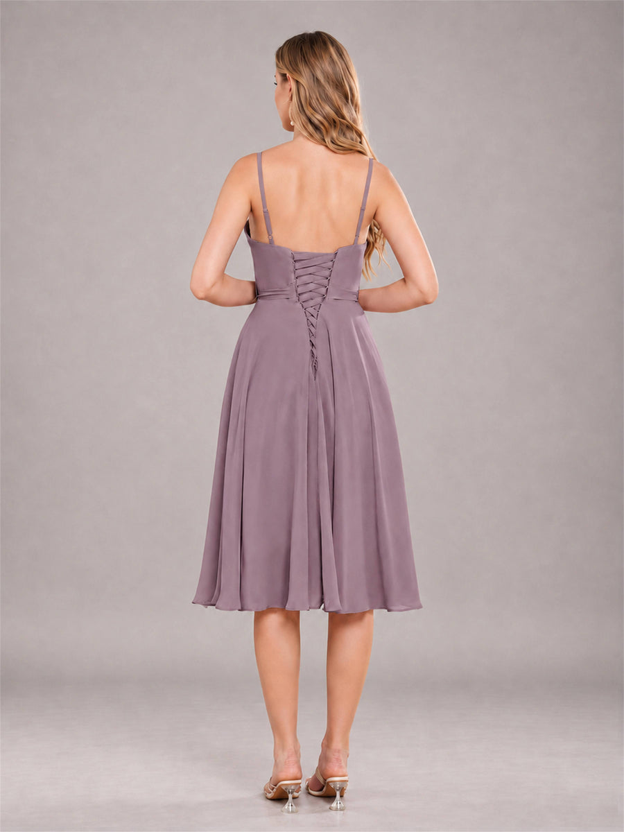 Wisteria Simple Spaghetti Straps Knee Length Chiffon Short Bridesmaid Dress