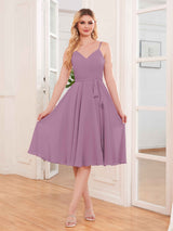 Simple Spaghetti Straps Knee Length Chiffon Short Bridesmaid Dresses