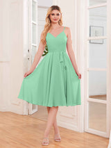 Simple Spaghetti Straps Knee Length Chiffon Short Bridesmaid Dresses