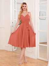 Simple Spaghetti Straps Knee Length Chiffon Short Bridesmaid Dresses