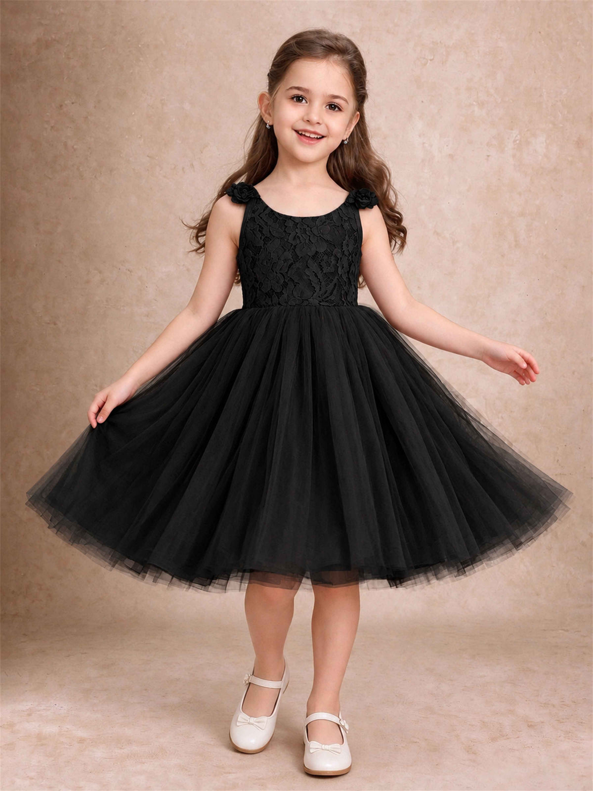 Sleeveless Flower Girl Dress Lace Tulle Knee Length Princess Party Gown For Wedding