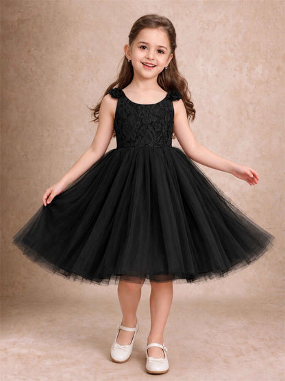 Sleeveless Flower Girl Dress Lace Tulle Knee Length Princess Party Gown For Wedding