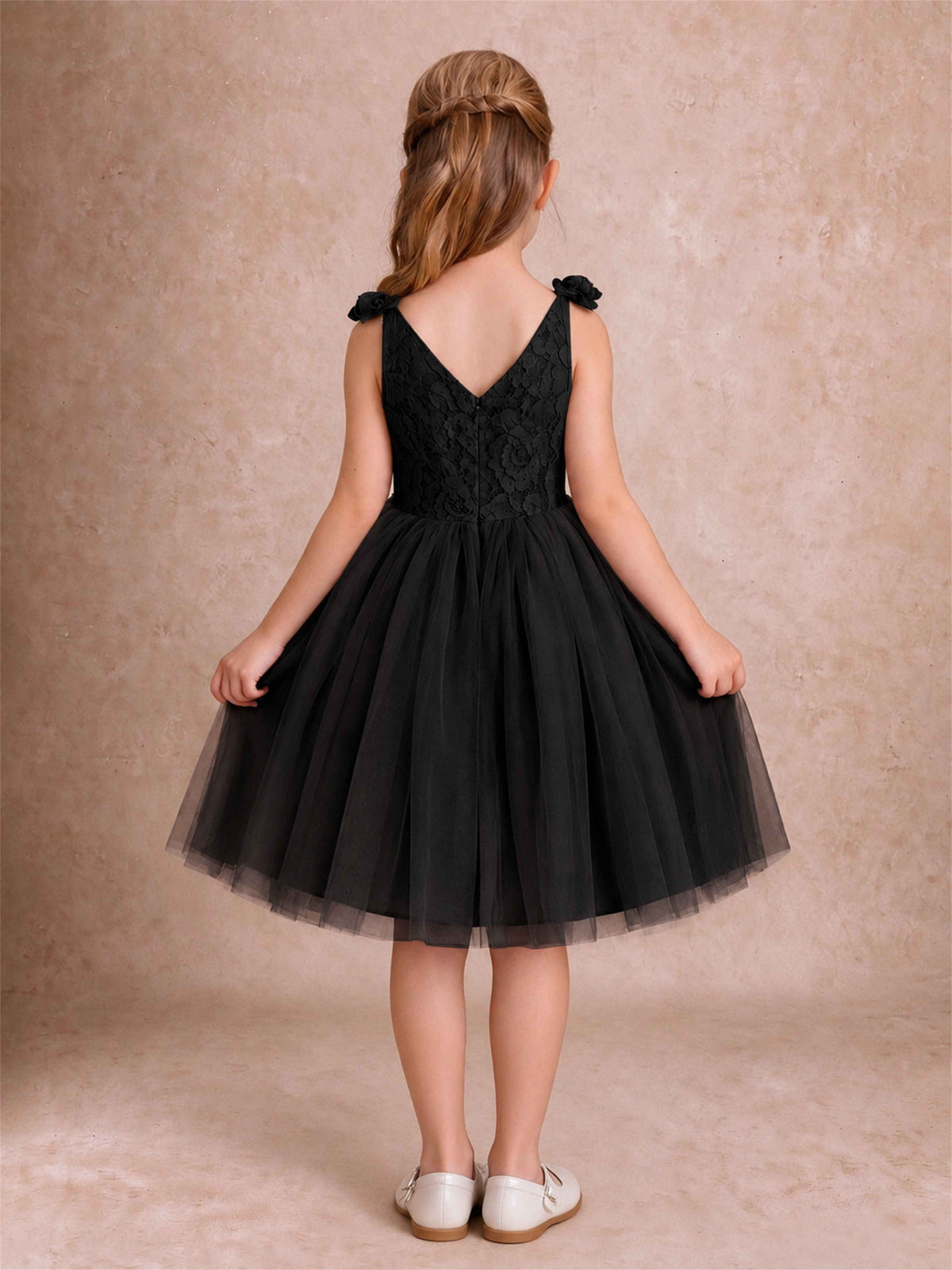 Sleeveless Flower Girl Dress Lace Tulle Knee Length Princess Party Gown For Wedding