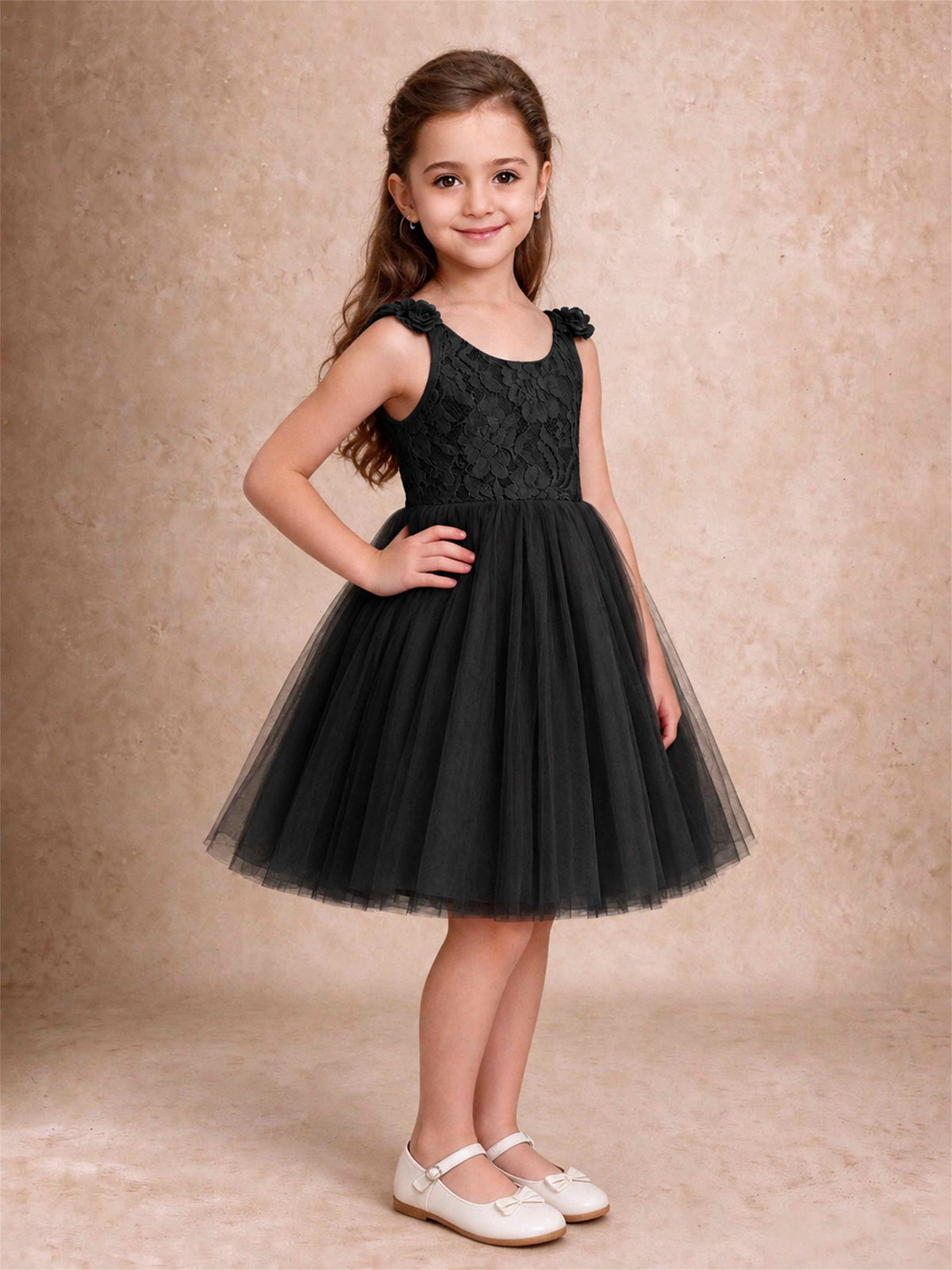 Sleeveless Flower Girl Dress Lace Tulle Knee Length Princess Party Gown For Wedding