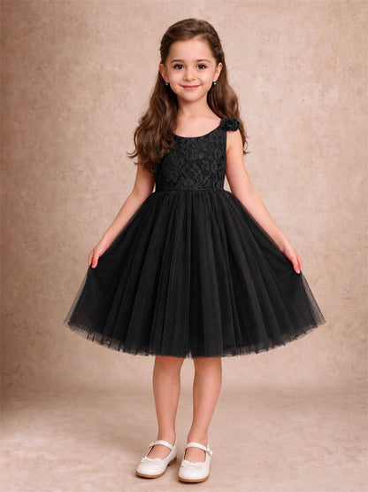 Sleeveless Flower Girl Dress Lace Tulle Knee Length Princess Party Gown For Wedding