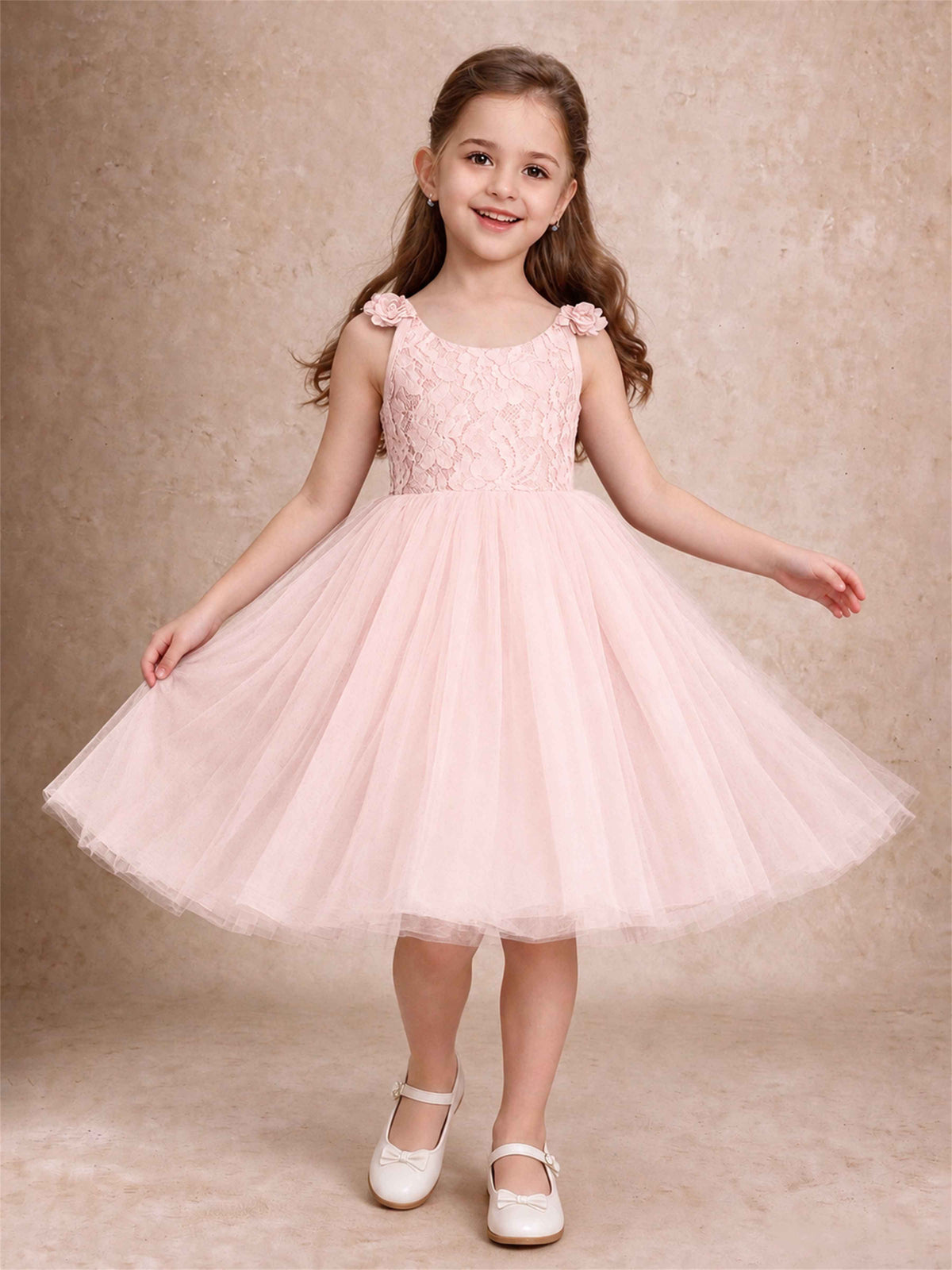 Sleeveless Flower Girl Dress Lace Tulle Knee Length Princess Party Gown For Wedding