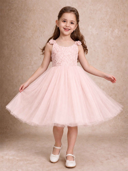 Sleeveless Flower Girl Dress Lace Tulle Knee Length Princess Party Gown For Wedding