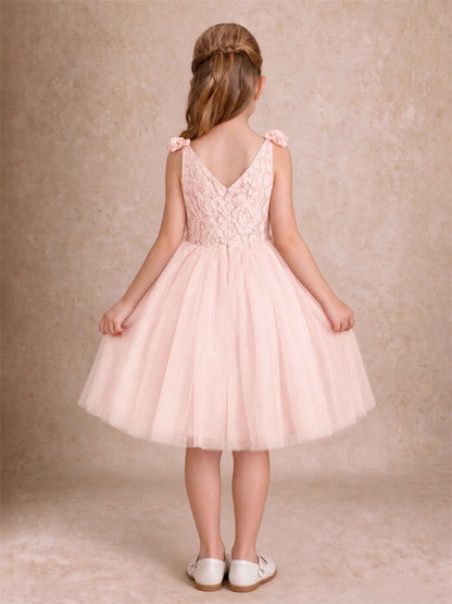 Sleeveless Flower Girl Dress Lace Tulle Knee Length Princess Party Gown For Wedding