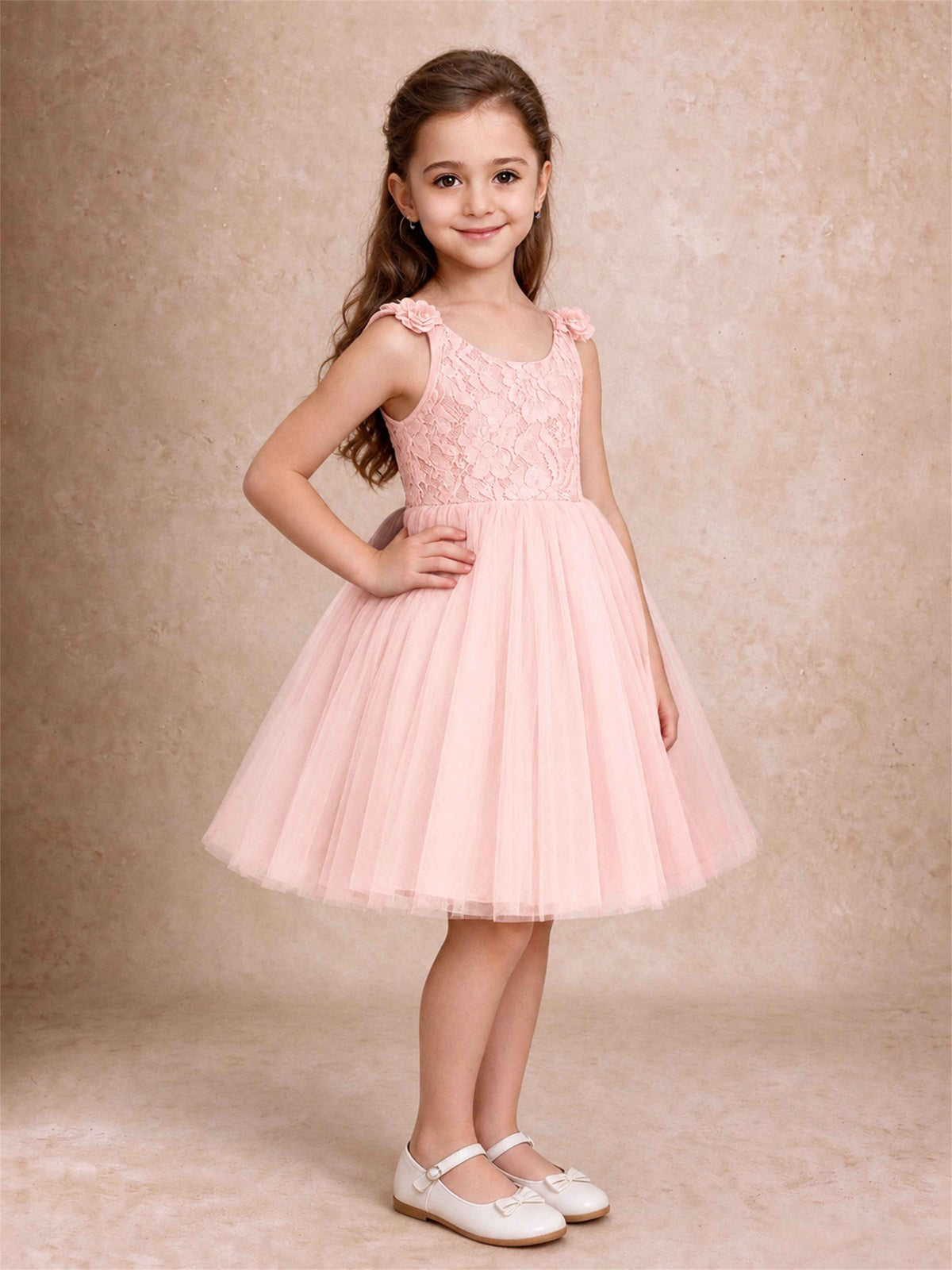 Sleeveless Flower Girl Dress Lace Tulle Knee Length Princess Party Gown For Wedding