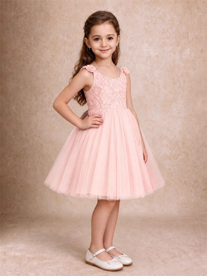 Sleeveless Flower Girl Dress Lace Tulle Knee Length Princess Party Gown For Wedding
