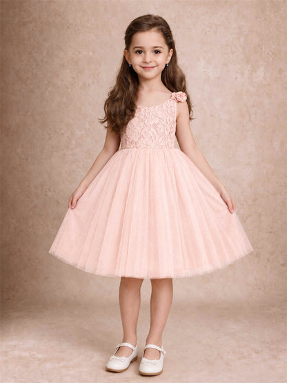 Sleeveless Flower Girl Dress Lace Tulle Knee Length Princess Party Gown For Wedding
