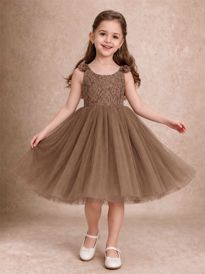 Sleeveless Flower Girl Dress Lace Tulle Knee Length Princess Party Gown For Wedding