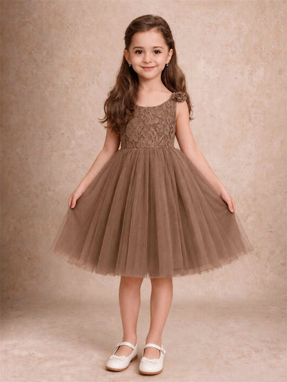 Sleeveless Flower Girl Dress Lace Tulle Knee Length Princess Party Gown For Wedding