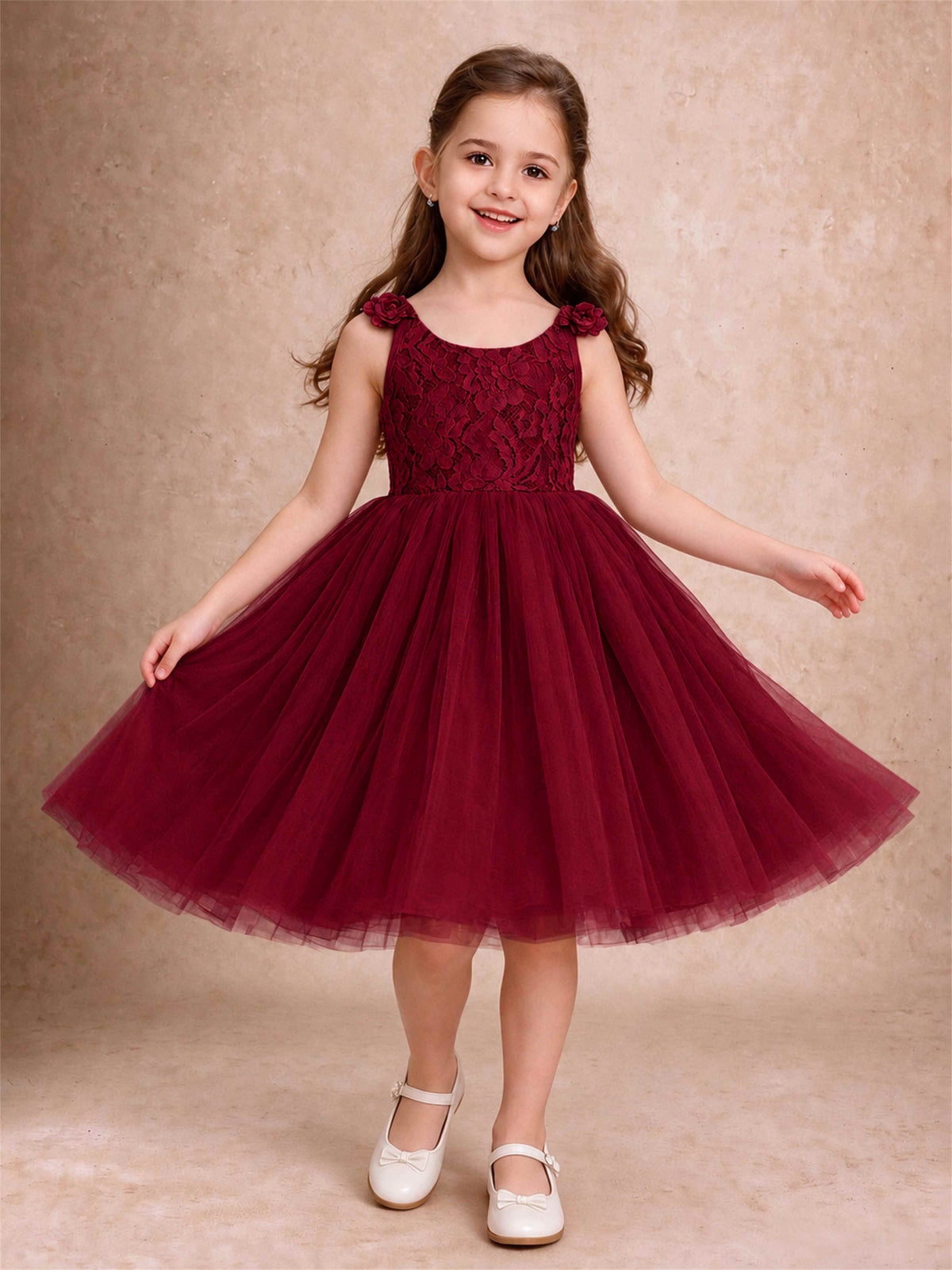 Sleeveless Flower Girl Dress Lace Tulle Knee Length Princess Party Gown For Wedding