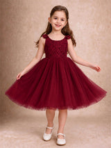 Sleeveless Flower Girl Dress Lace Tulle Knee Length Princess Party Gown For Wedding