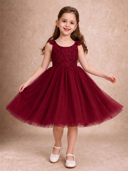 Sleeveless Flower Girl Dress Lace Tulle Knee Length Princess Party Gown For Wedding