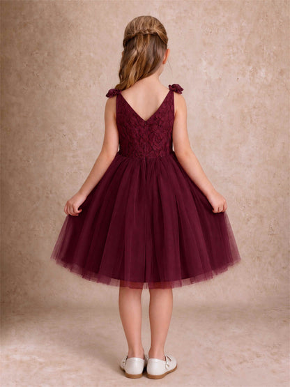 Sleeveless Flower Girl Dress Lace Tulle Knee Length Princess Party Gown For Wedding
