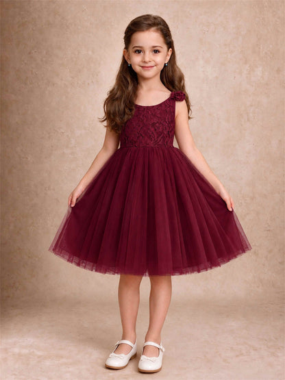 Sleeveless Flower Girl Dress Lace Tulle Knee Length Princess Party Gown For Wedding