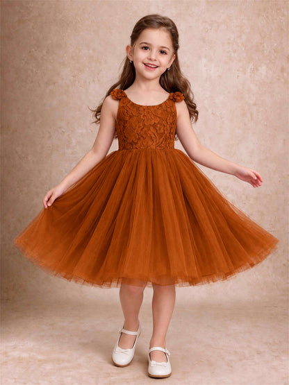 Sleeveless Flower Girl Dress Lace Tulle Knee Length Princess Party Gown For Wedding