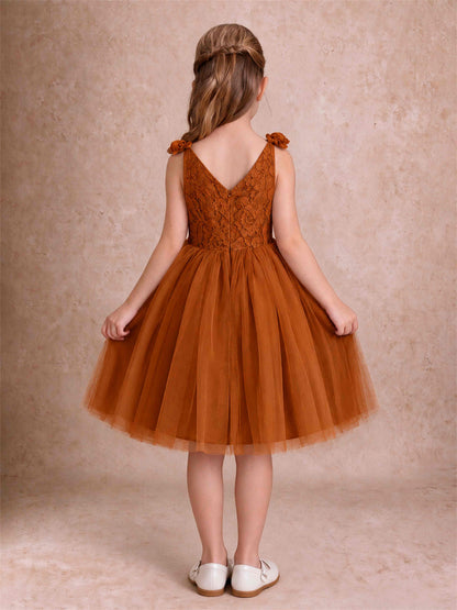 Sleeveless Flower Girl Dress Lace Tulle Knee Length Princess Party Gown For Wedding