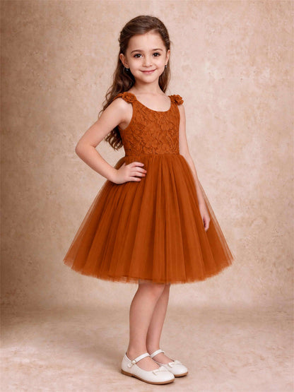 Sleeveless Flower Girl Dress Lace Tulle Knee Length Princess Party Gown For Wedding
