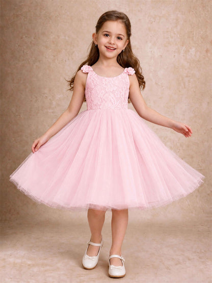 Sleeveless Flower Girl Dress Lace Tulle Knee Length Princess Party Gown For Wedding